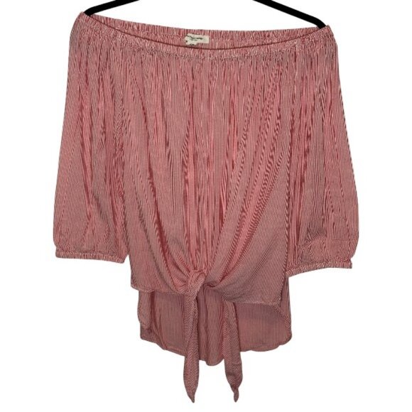 Beachlunchlounge striped off-shoulder tie front top red and white women's size M - Picture 1 of 5